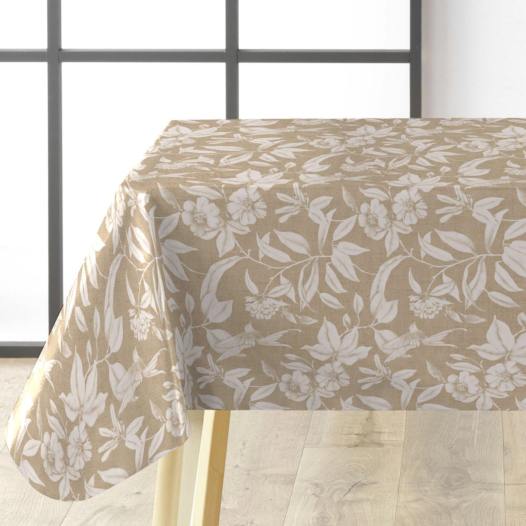 Textilia Miosotis Natur vaxduk med naurfärgad linnelook och blad