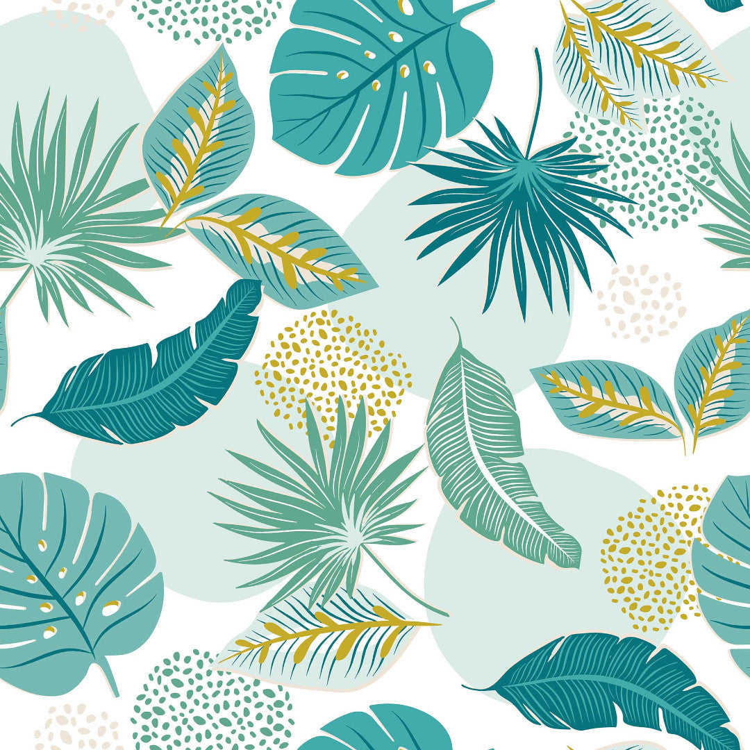 Textilia Plantania Blue - Vaxduk med olika blad i fräscha färger närbild