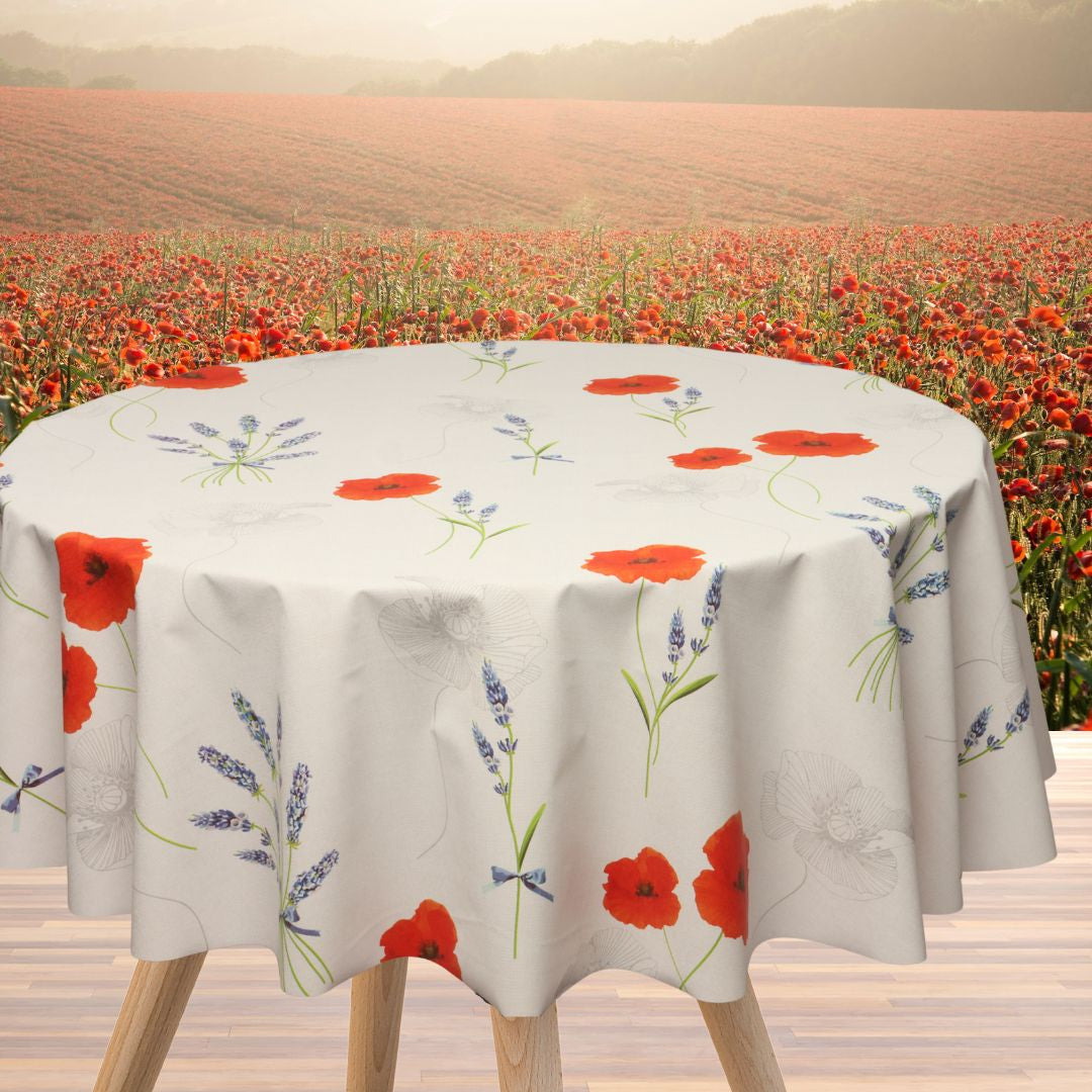 Textilia Sisteron - Ljusgrå/beige vaxduk med vallmo och lavendel