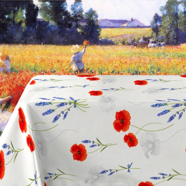 Textilia Sisteron - Ljusgrå/beige vaxduk med vallmo och lavendel