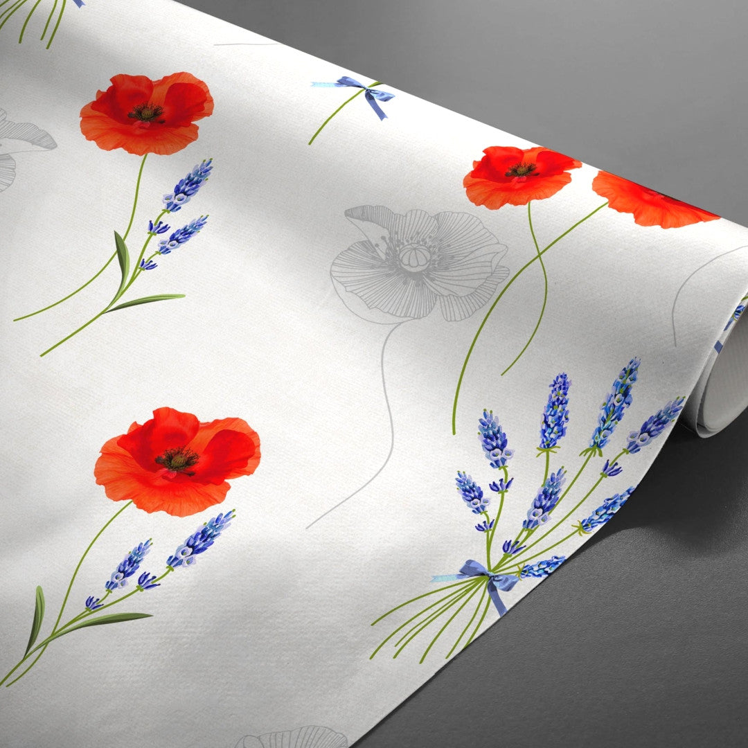 Textilia Sisteron - Ljusgrå/beige vaxduk med vallmo och lavendel