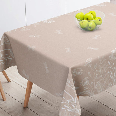 Textillia Fleurs White - Vaxduk i linnelook med vita blommor och trollsländor