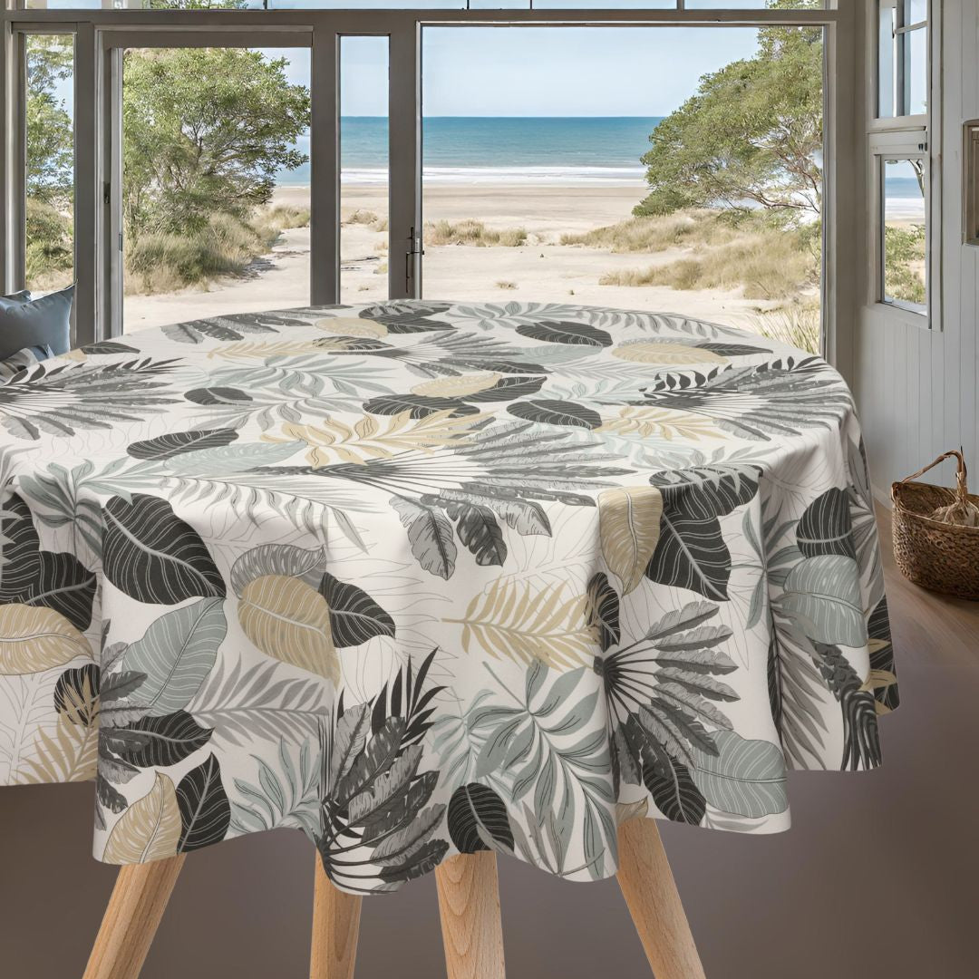 Textillia Panazio Linen - Ljus rund vaxduk med tropiska blad