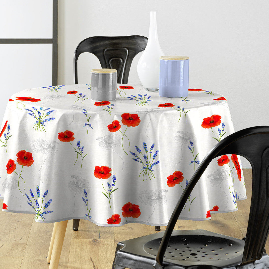 Textilia Sisteron - Rund vaxduk med vallmo och lavendel, Ø 155 cm