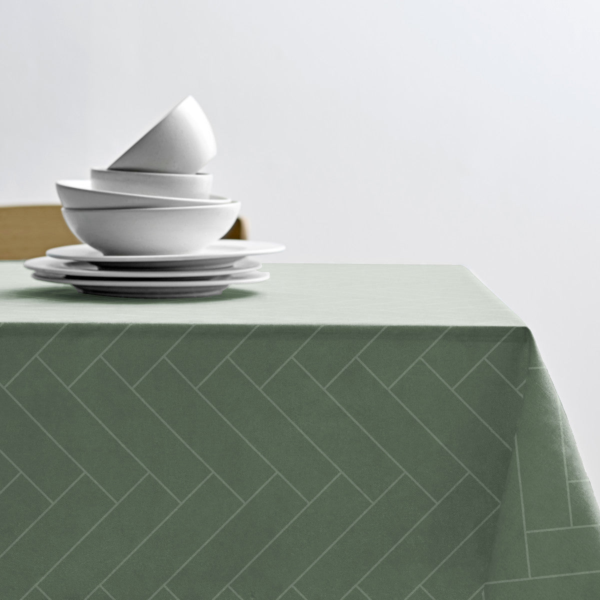 Tiles Hedge Green - Södahl damastvävd textilvaxduk 100 % bomull med glidskydd, miljö