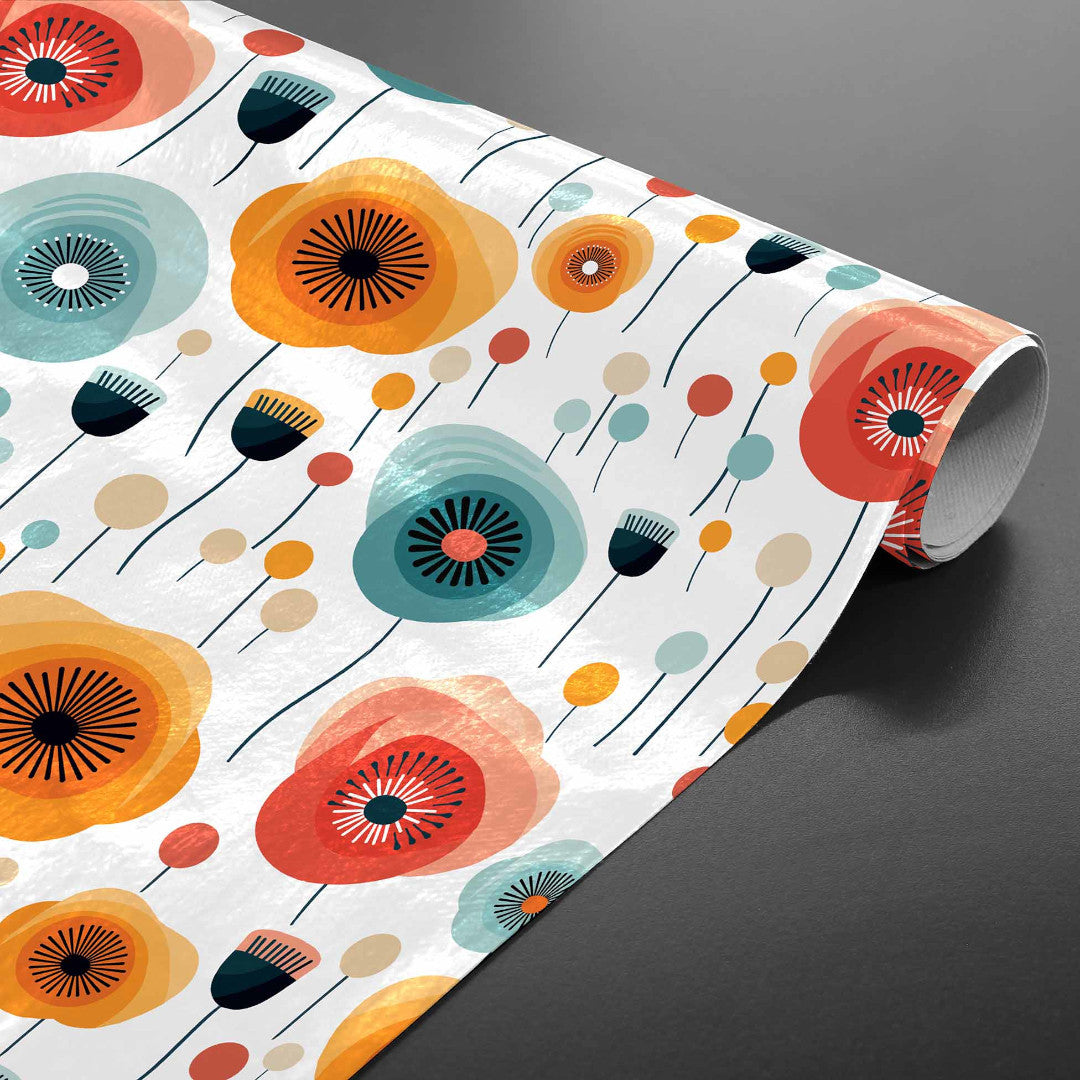 Triano - Retro vaxduk med ett färgglatt och lekfullt blommönster, ihoprullad