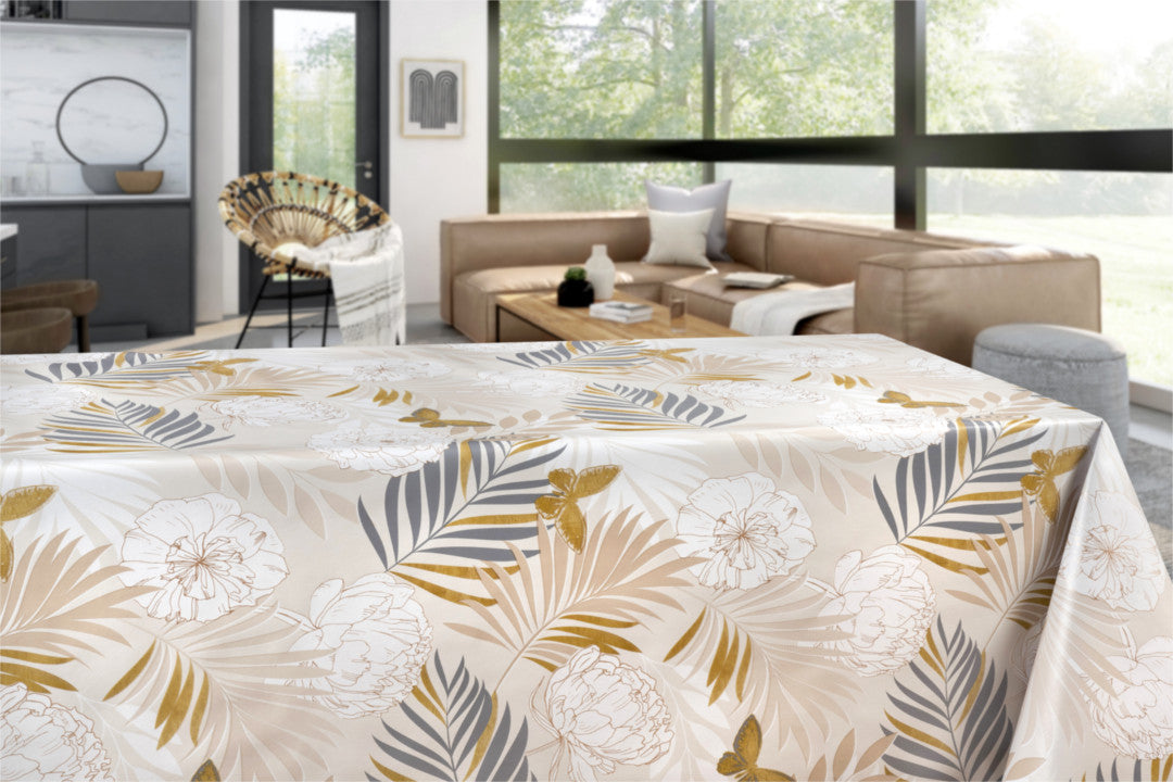 Tropisk Have - Ljus crèmefärgad vaxduk med tropiska växter och fjärilar