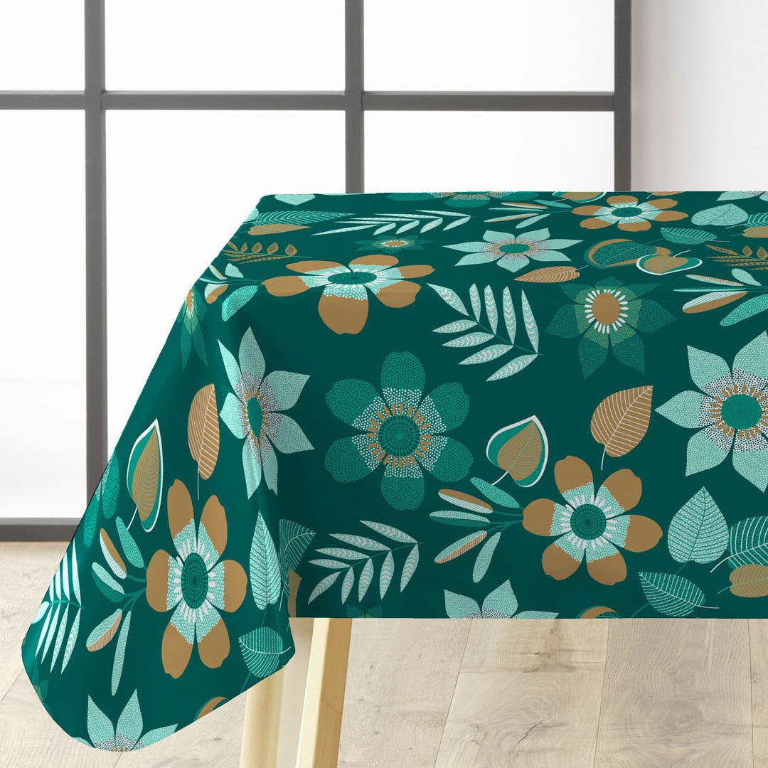 På bordet Vanda - Mörk grön vaxduk med blommor och blad