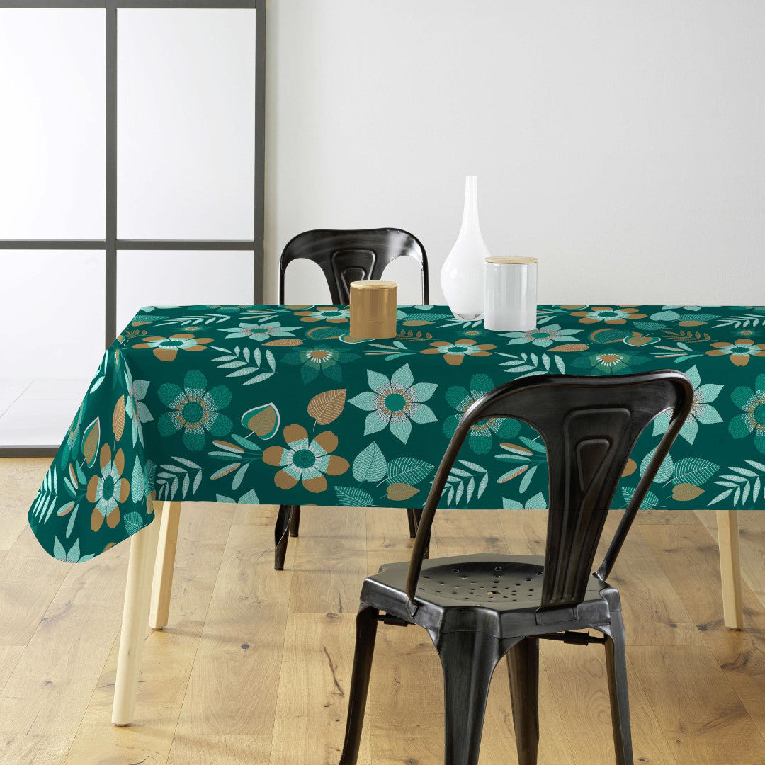 Miljöbild med Vanda - Mörk grön vaxduk med blommor och blad