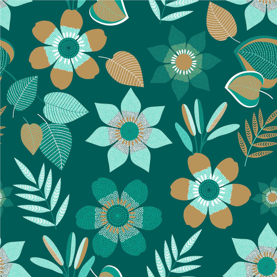 Vanda - Mörk grön vaxduk med blommor och blad närbild