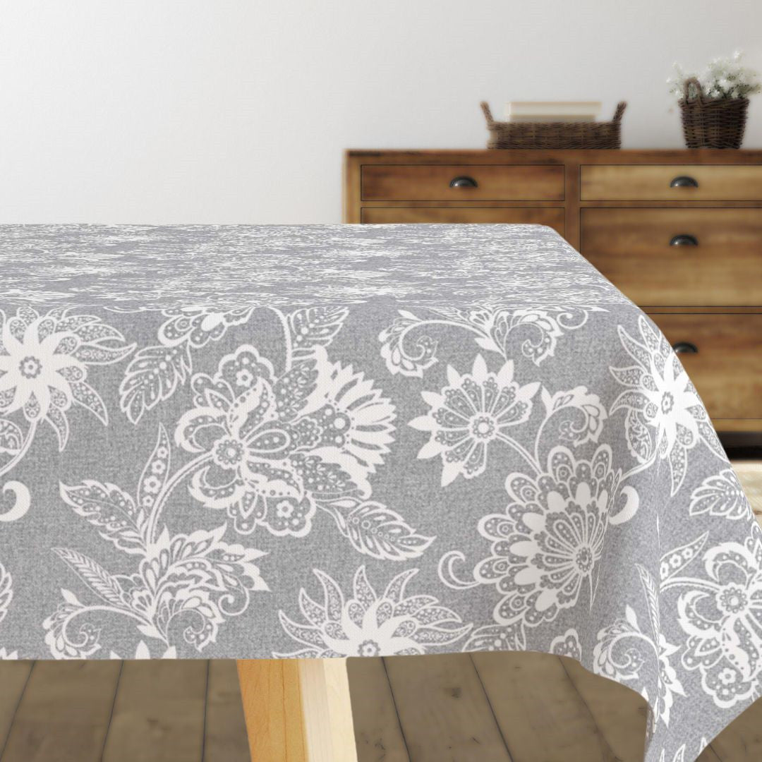 Velazquez - Grå textilvaxduk med vita blommor