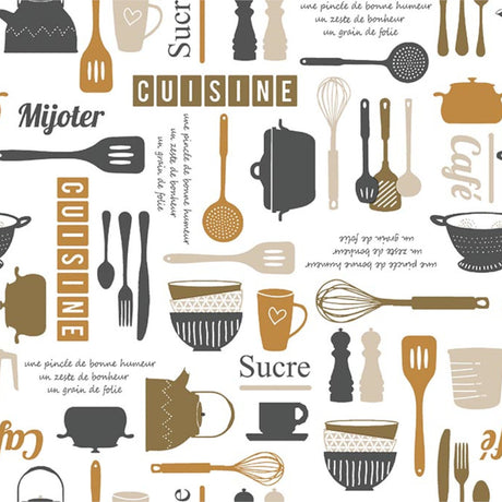 Välkommen till köket - Vit vaxduk med olika köksredskap