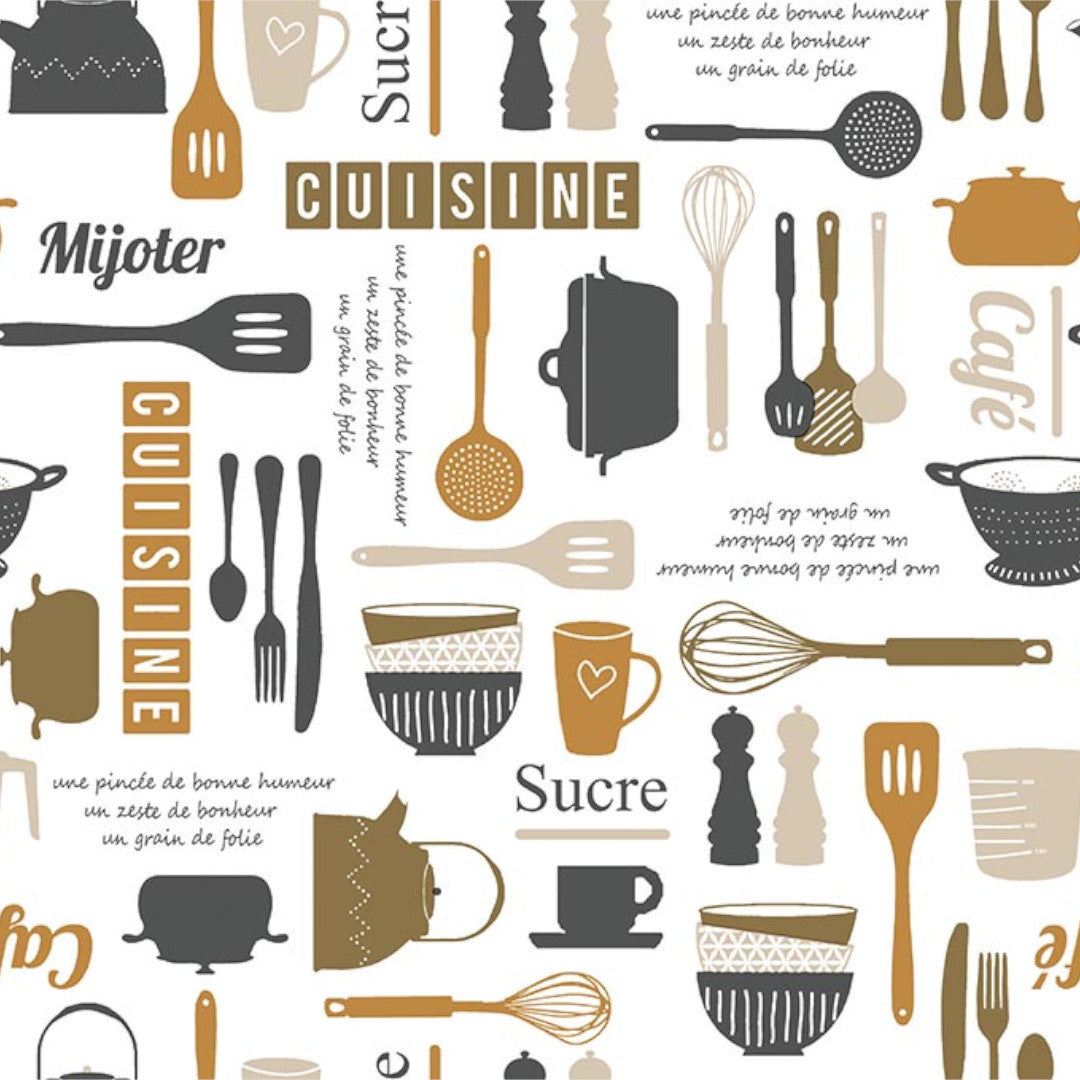 Välkommen till köket - Vit vaxduk med olika köksredskap