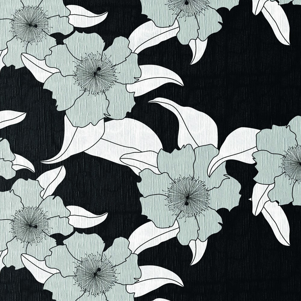 Närbild Vibi svart, vaxduk med streckblommor