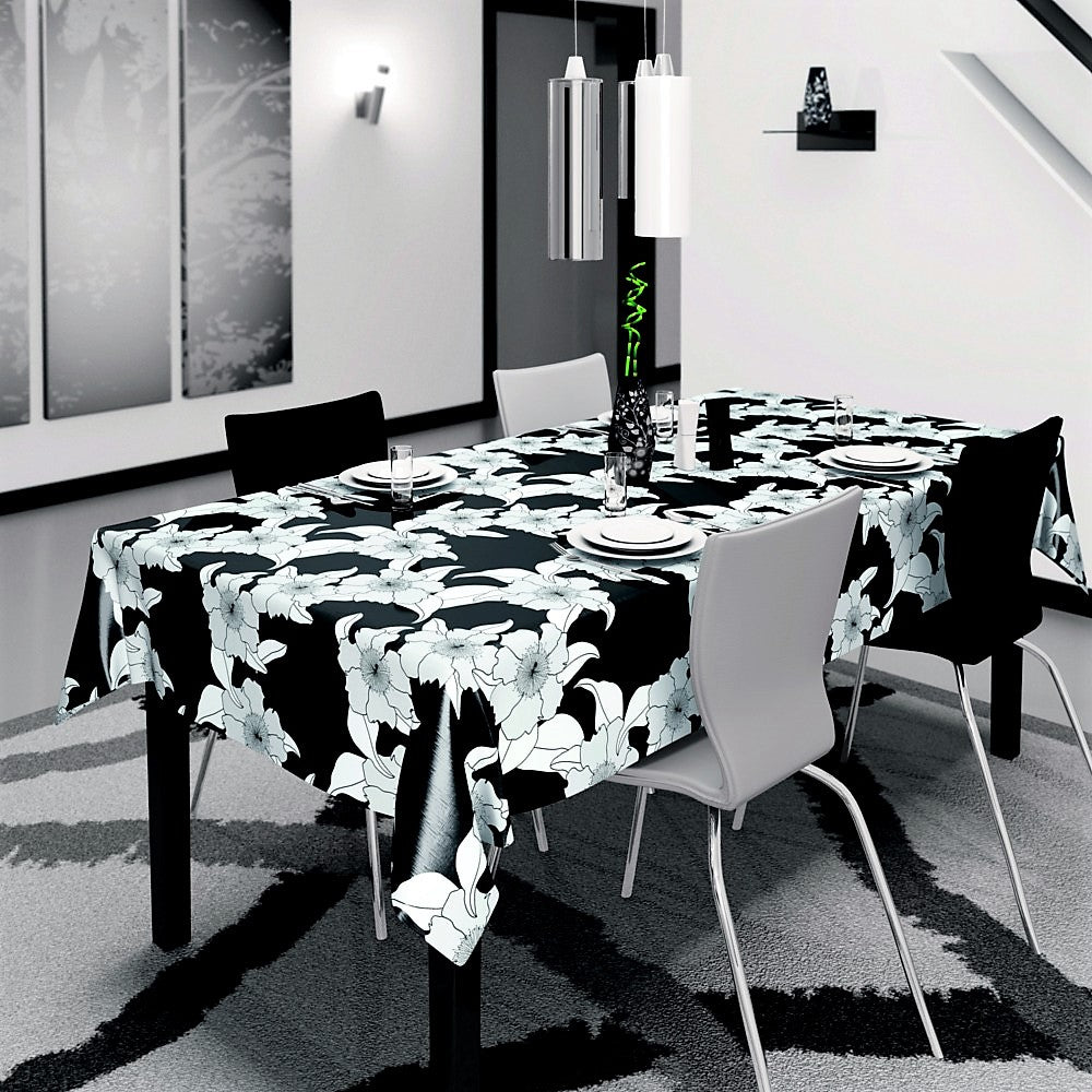 Miljöbild Vibi svart, vaxduk med streckblommor