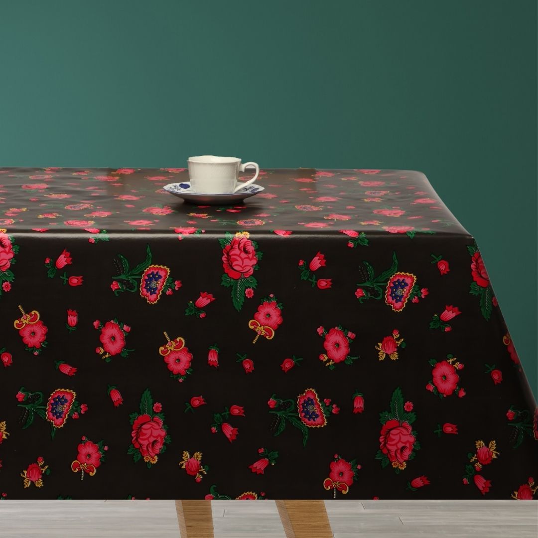 Vintage Blommor – Vaxduk i brunt med röda rosor