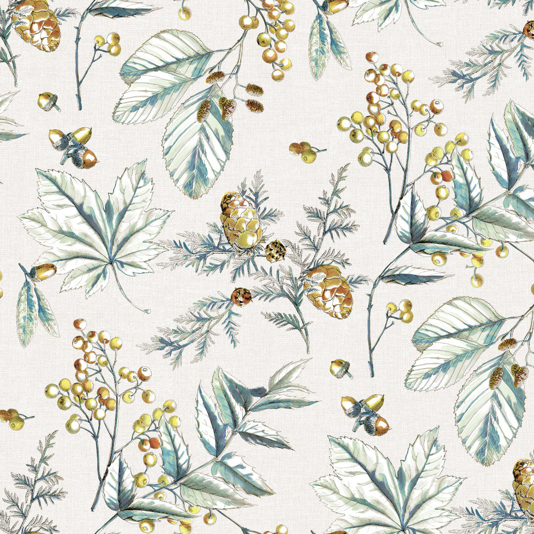 Vinterbotanik Gyllene - Vaxduk med löv, kottar och gyllene bär. Närbild