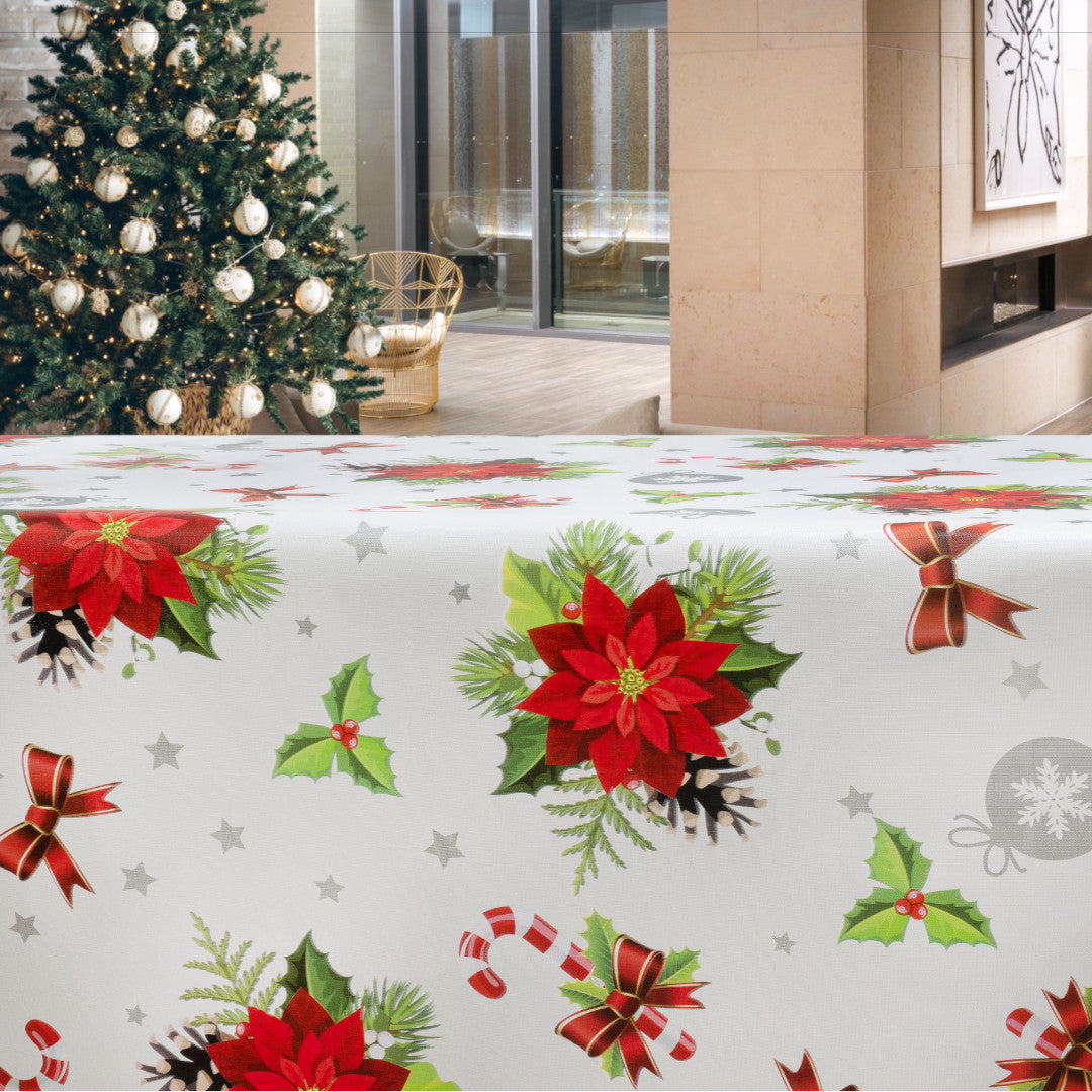 Vit Jul - Vaxduk med röda julstjärnor och kulor