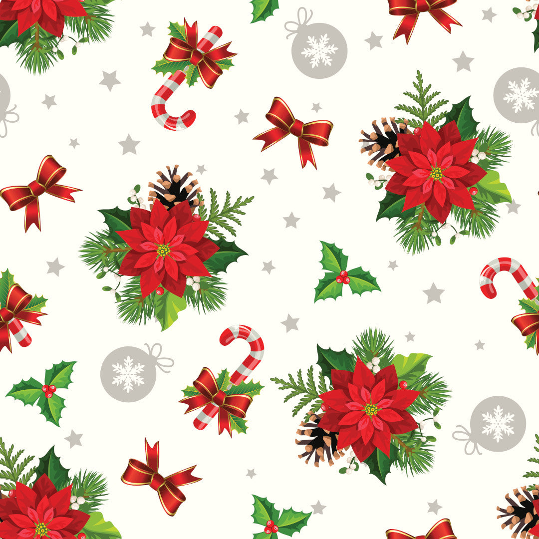 Närbild av Vit Jul vaxduk med julstjärnor