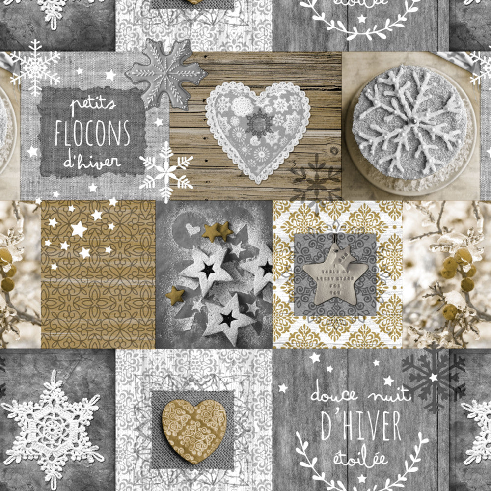 Vinterland - Julvaxduk med hjärtan och iskristaller i, grå, beige och ljus sand.