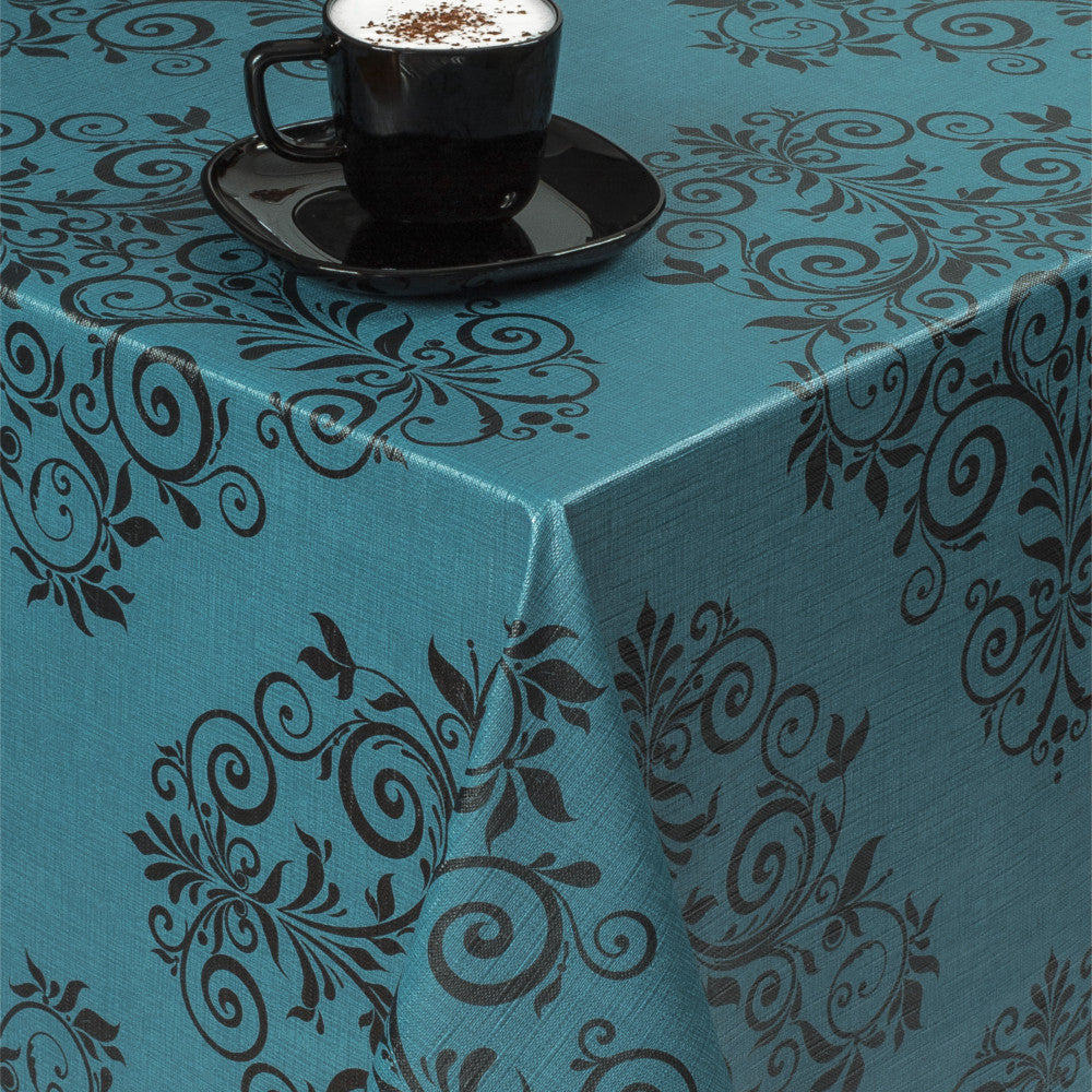 Humleornamenter Petroleum - Rund vaxduk med resår - Till bord Ø 60 - Ø 130 cm