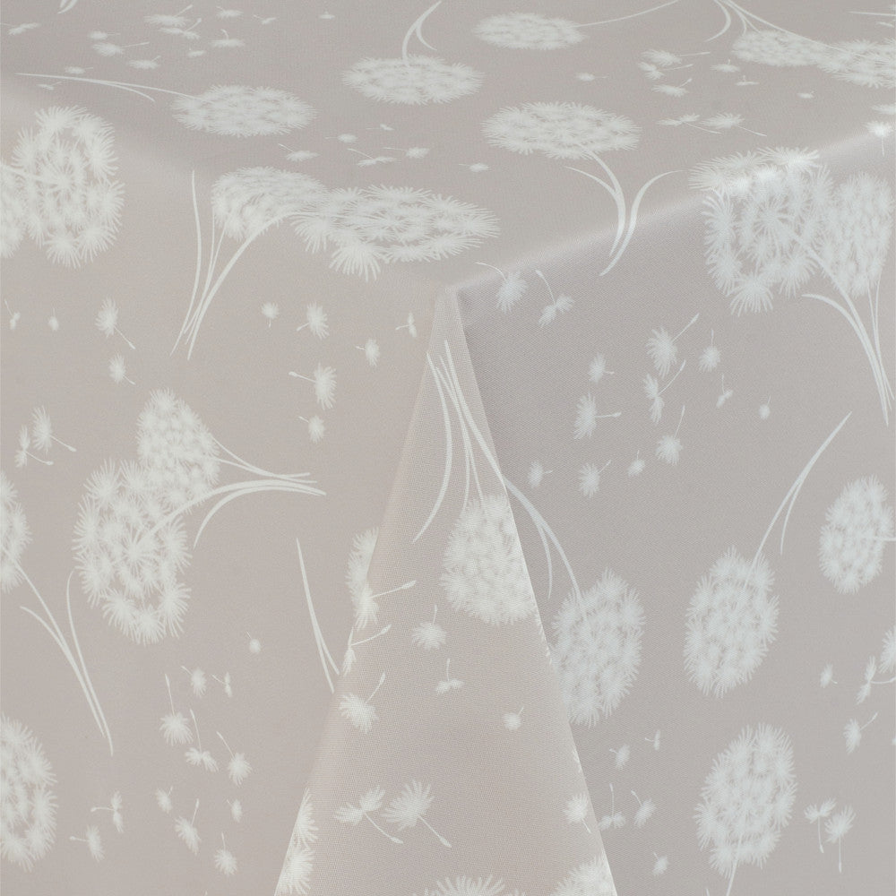 Närbild av Fnok Beige Vaxduk med maskrosor och tygliknande yta