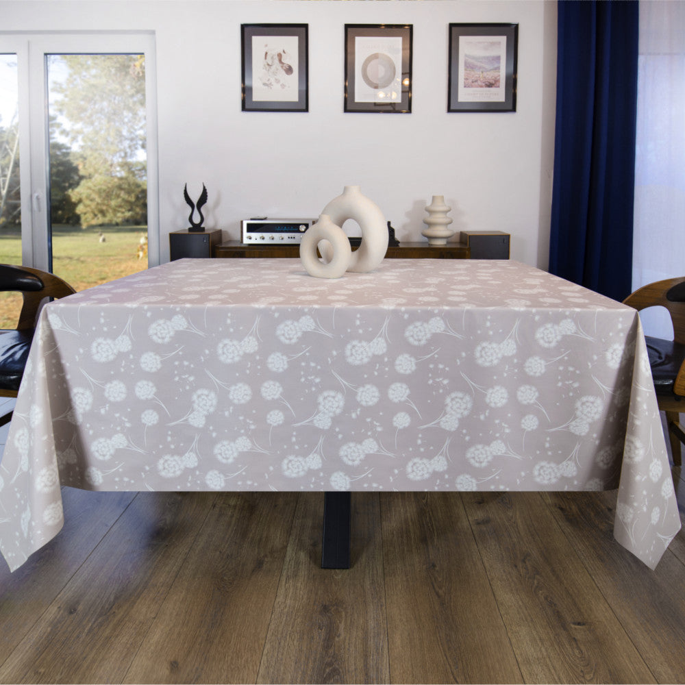 Miljöbild med Fnok Beige Vaxduk med maskrosor och tygliknande yta