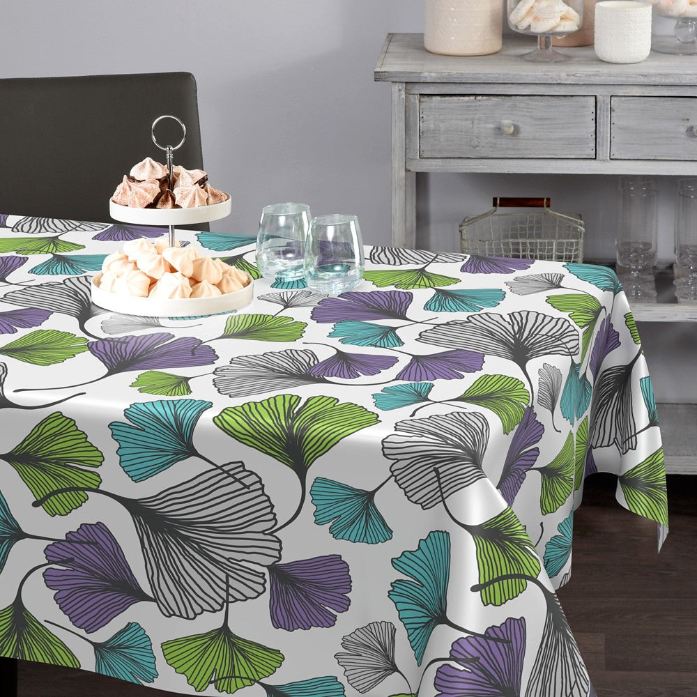 Vaxduk med ginkgo biloba-blad i lila grön turkos grå miljöbild