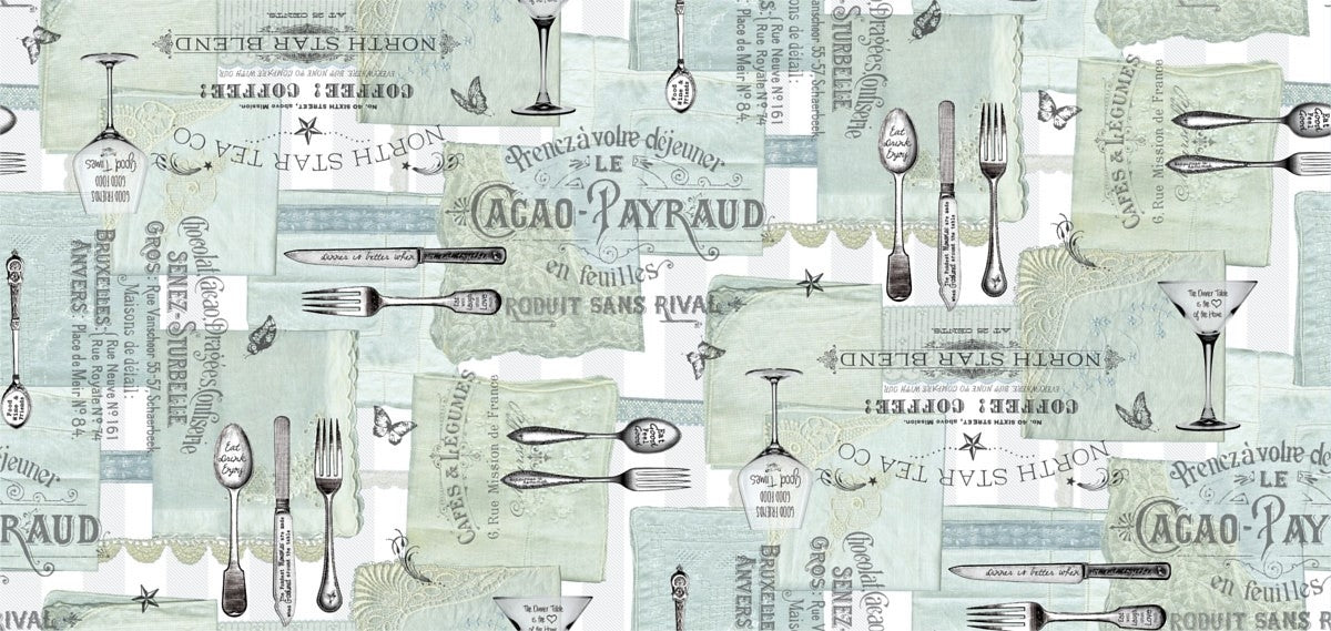 Närbild av Gourmet Aqua, vaxduk med cafékänsla