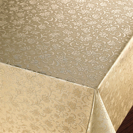 Rosenflor Guld - Vackert damastpräglad vaxduk. På bordet, hörn bild