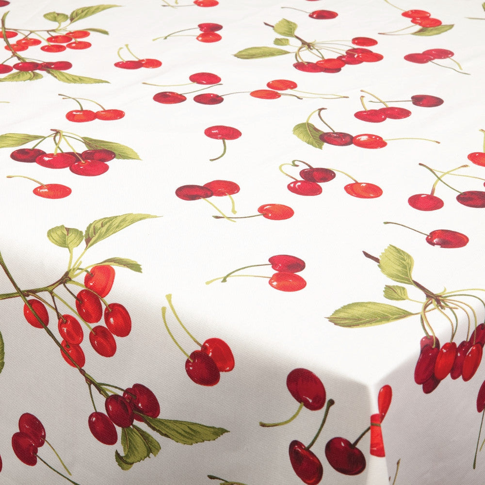 Körsbärsvit himmel, vaxduk med massor av körsbär närbild