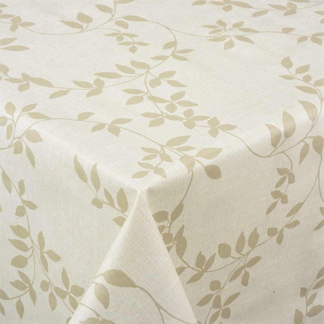 Närbild av Vaxduk Linette, linne-look med blad i beige.