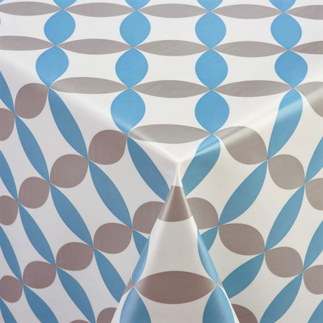 Närbild av Luna Blå - Vit vaxduk med retro cirkelmönster