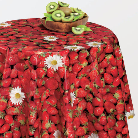 Rund duk Svensk sommer - Vaxduk med jordgubbar och prästkragar