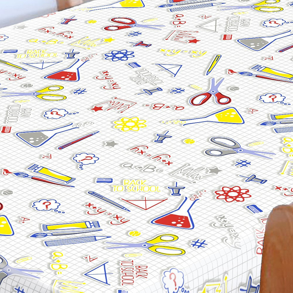 School - Vi experimenterar, vaxduk med motiv från skolans äldre klasser