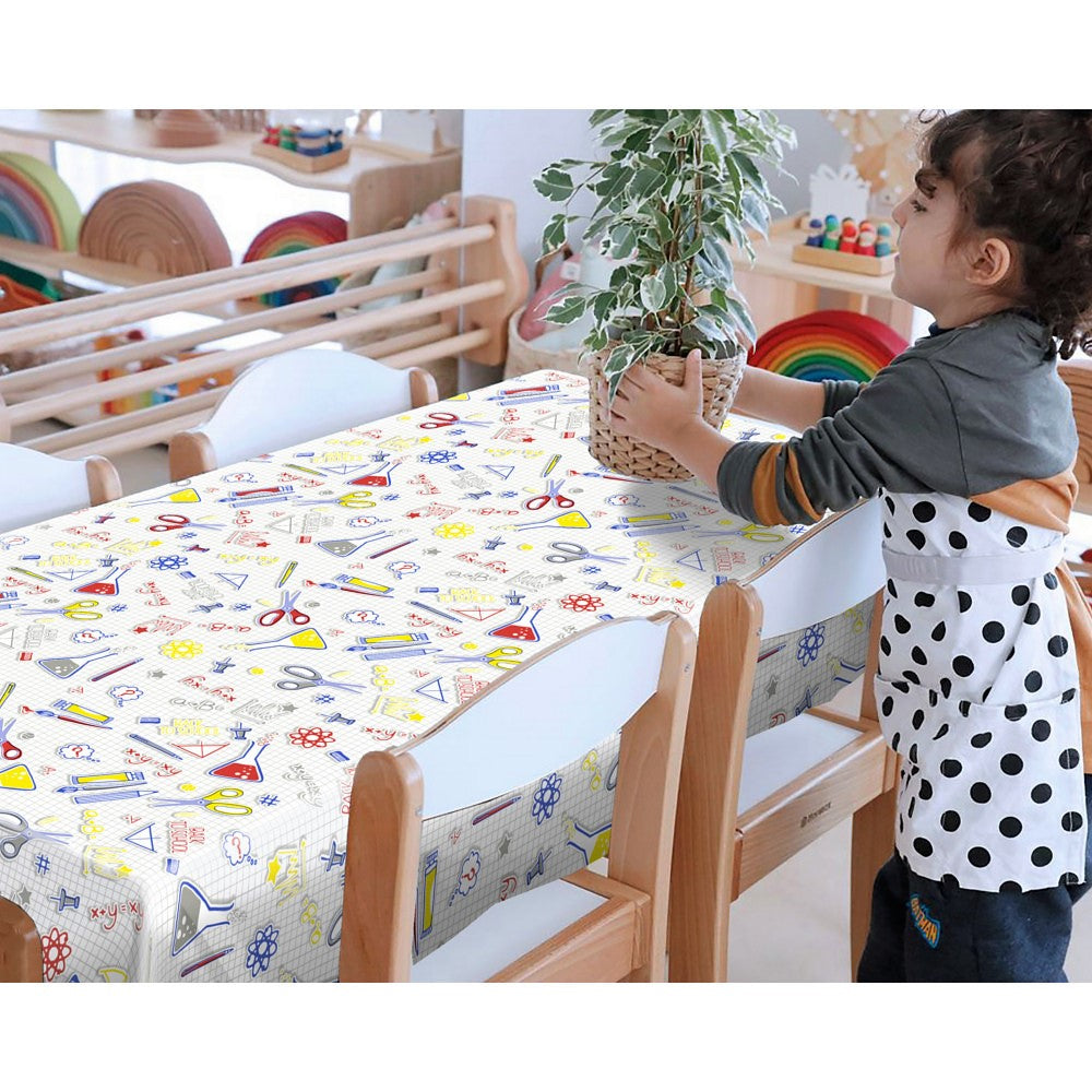 School - Vi experimenterar, vaxduk med motiv från skolans äldre klasser miljöbild