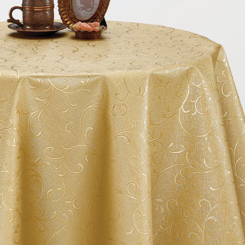 Vaxduk - Slingrande mönster gyllen-beige - som metervara och rund.