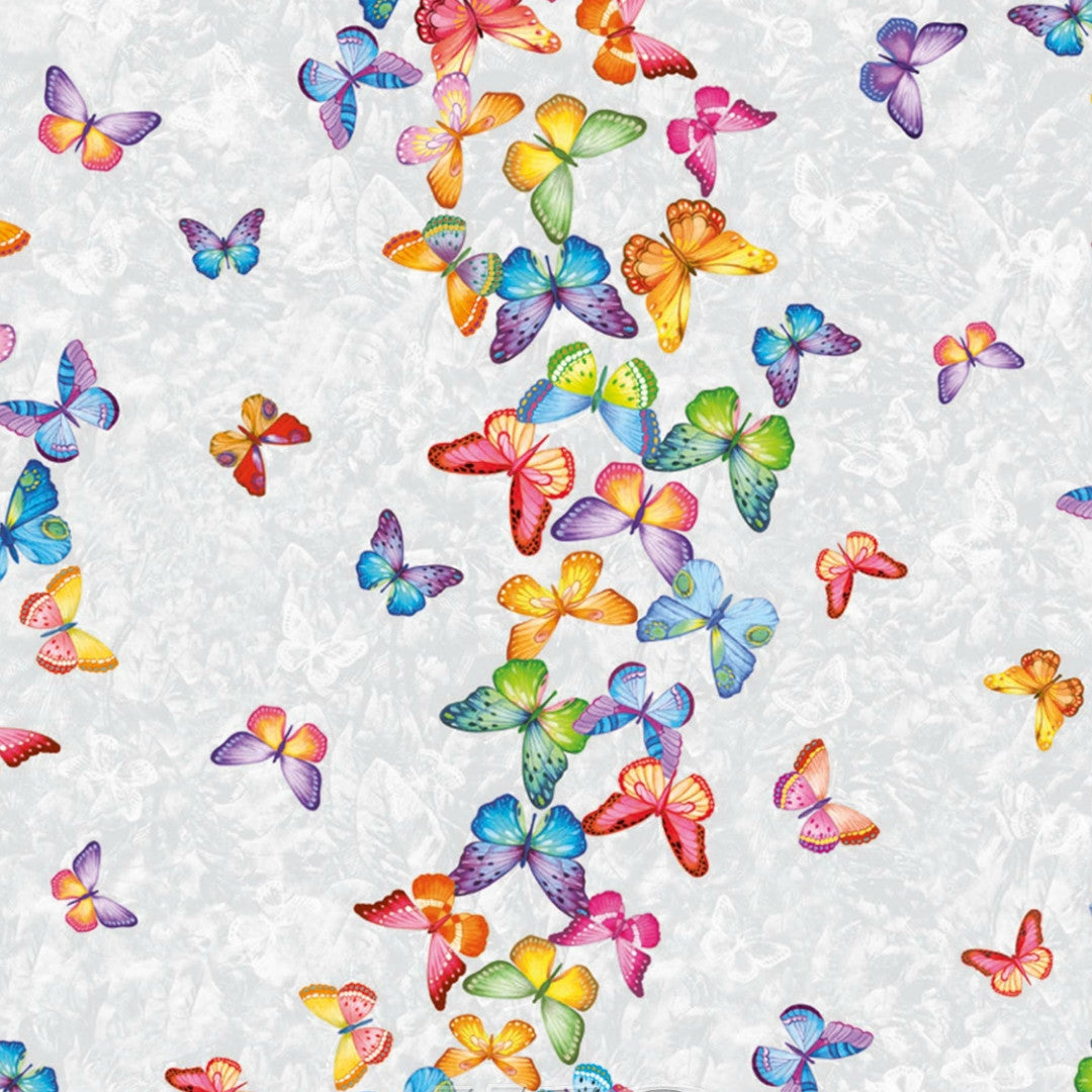 Vaxduk med fjärilar på rad i många färger