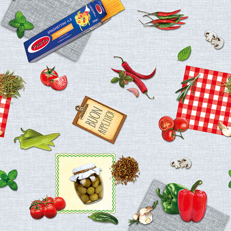 Spaghetti no.3 Buon Appetito - Vaxduk med ingredienser till god mat