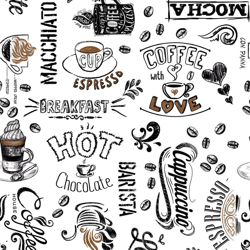 Varsågod, kaffet är serverat - vaxduk med text, koppar och kaffebönor