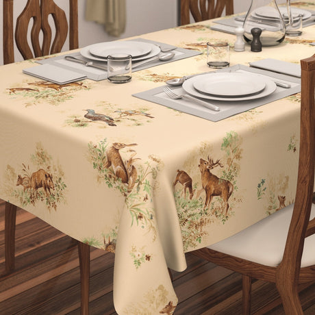 Bordet dukat med Varena Beige, vaxduk med jaktmotiv i retrostil