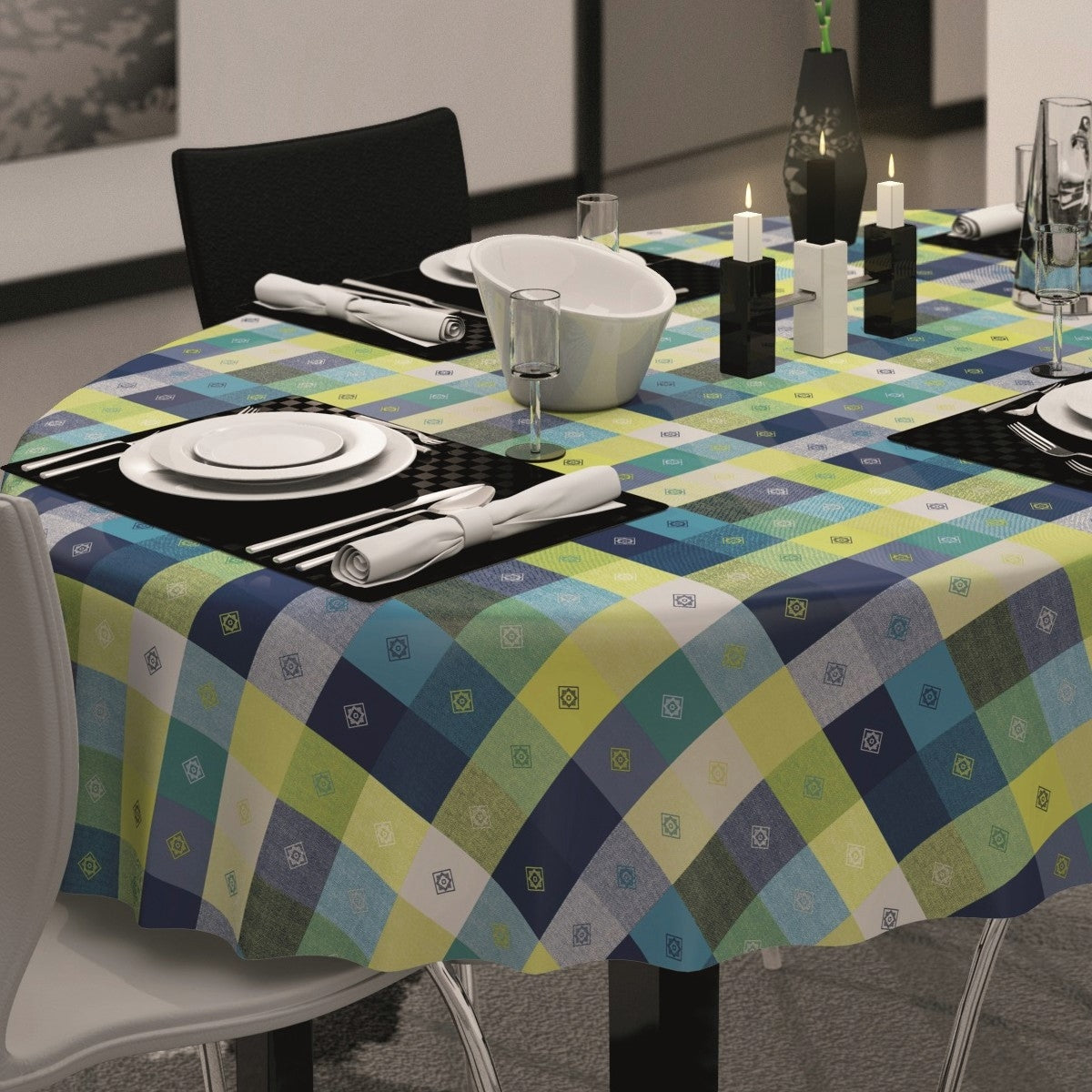 Som rund duk Victor Blå, LFGB certificerad vaxduk med rutor