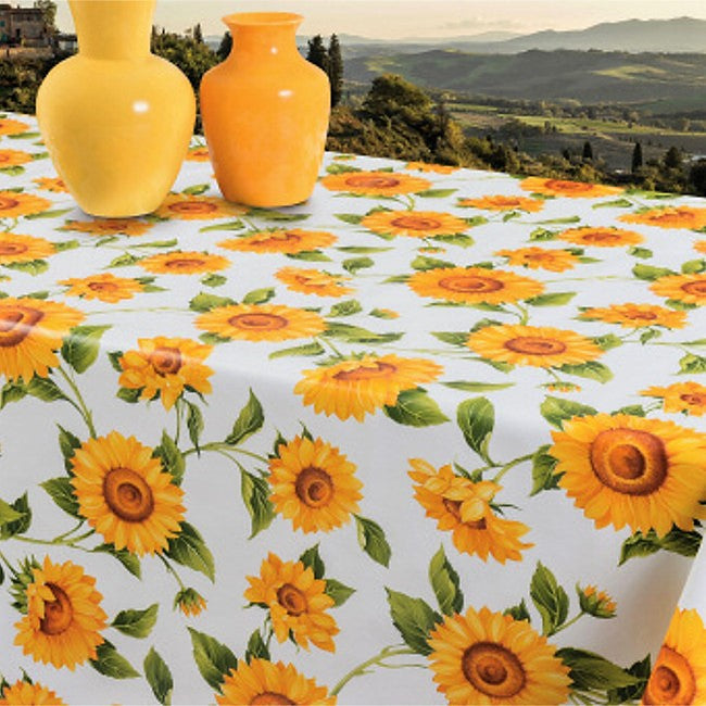 Solrosor - Vaxduk i gult och orange på vit bas, 160 cm bred