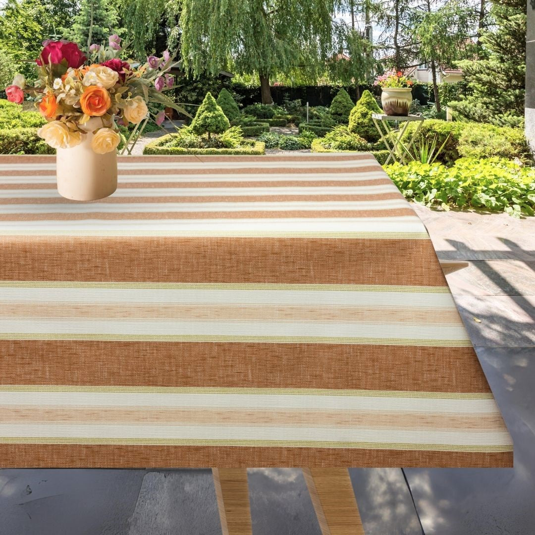 Volmer Striber Nougat - Vaxduk med linne-look på trädgårdsbordetVoksdug med hørlook til havebord