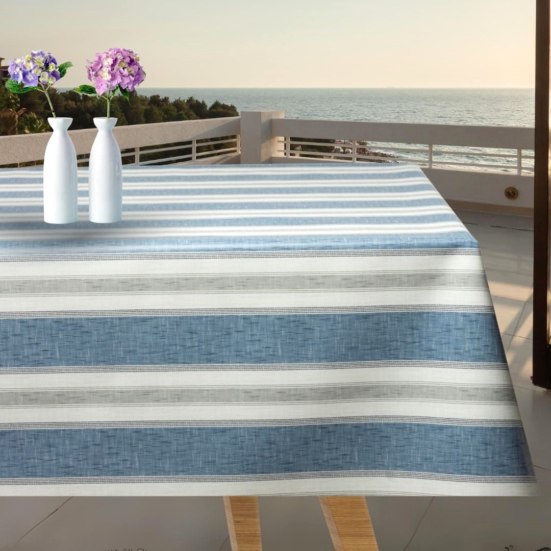 Volmer basr ränder i Denimblå - Slät vaxduk i linnelook för trädgårdsbord