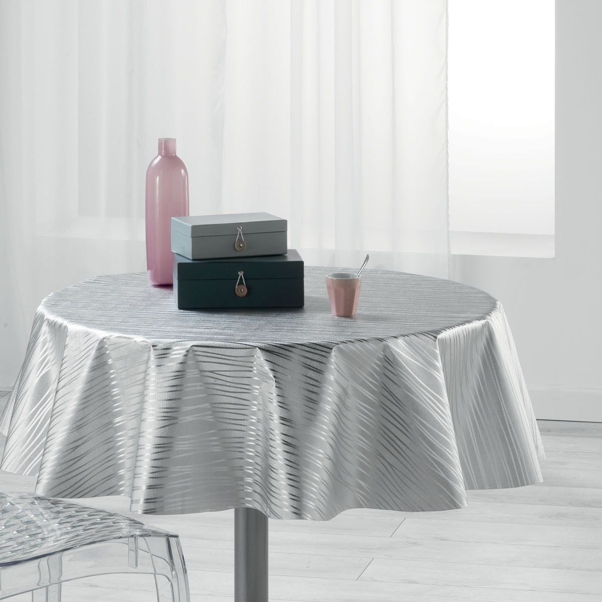 Metallise Wavy grå - Rund vaxduk, Ø 155 cm