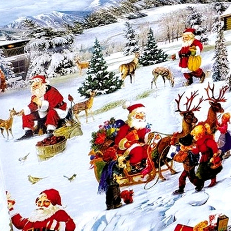 Julvaxduk - Tomtar och julklappar i snön, närbild släde, renar