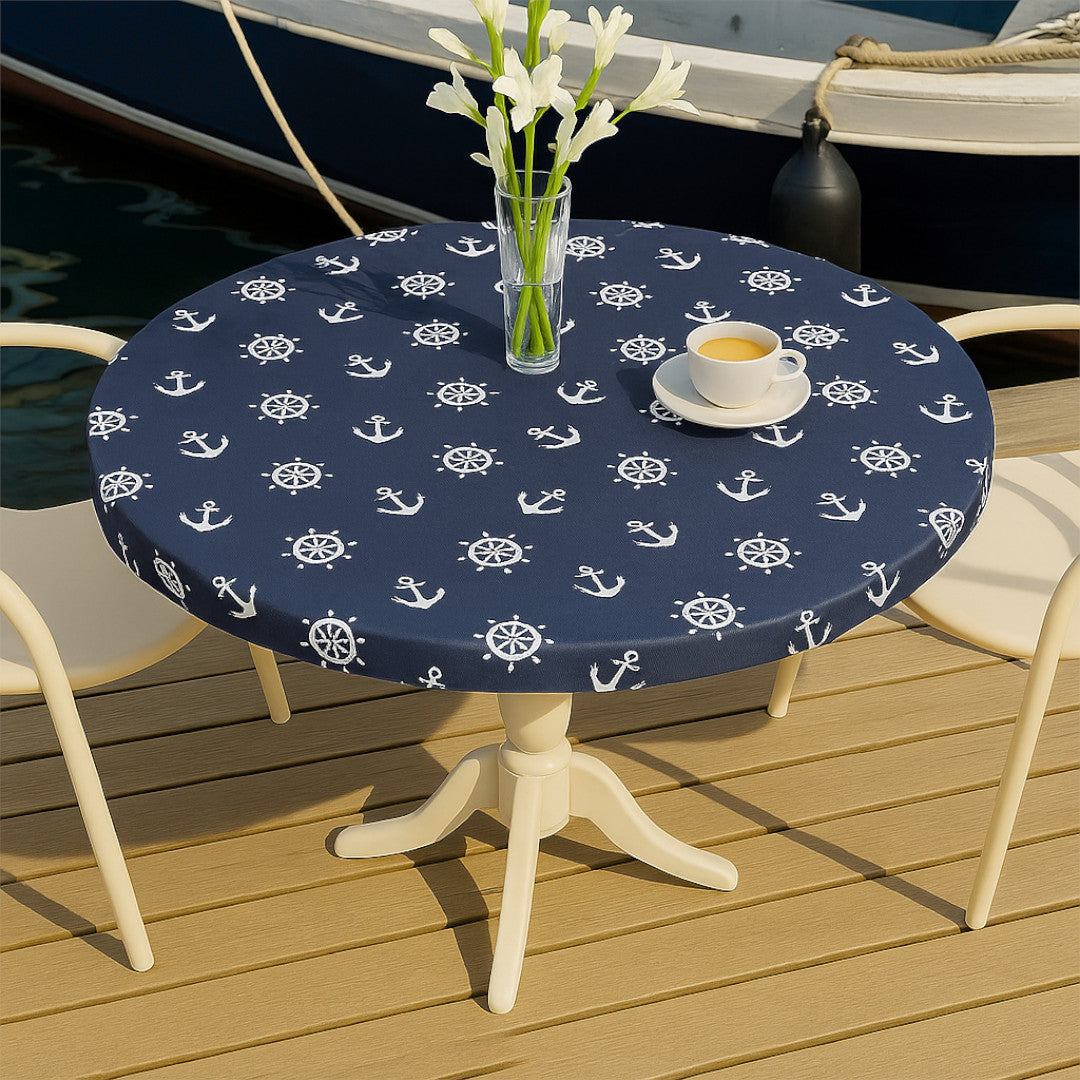 Ancora Maritim – textilvaxduk i mörkblått med ankare och roder