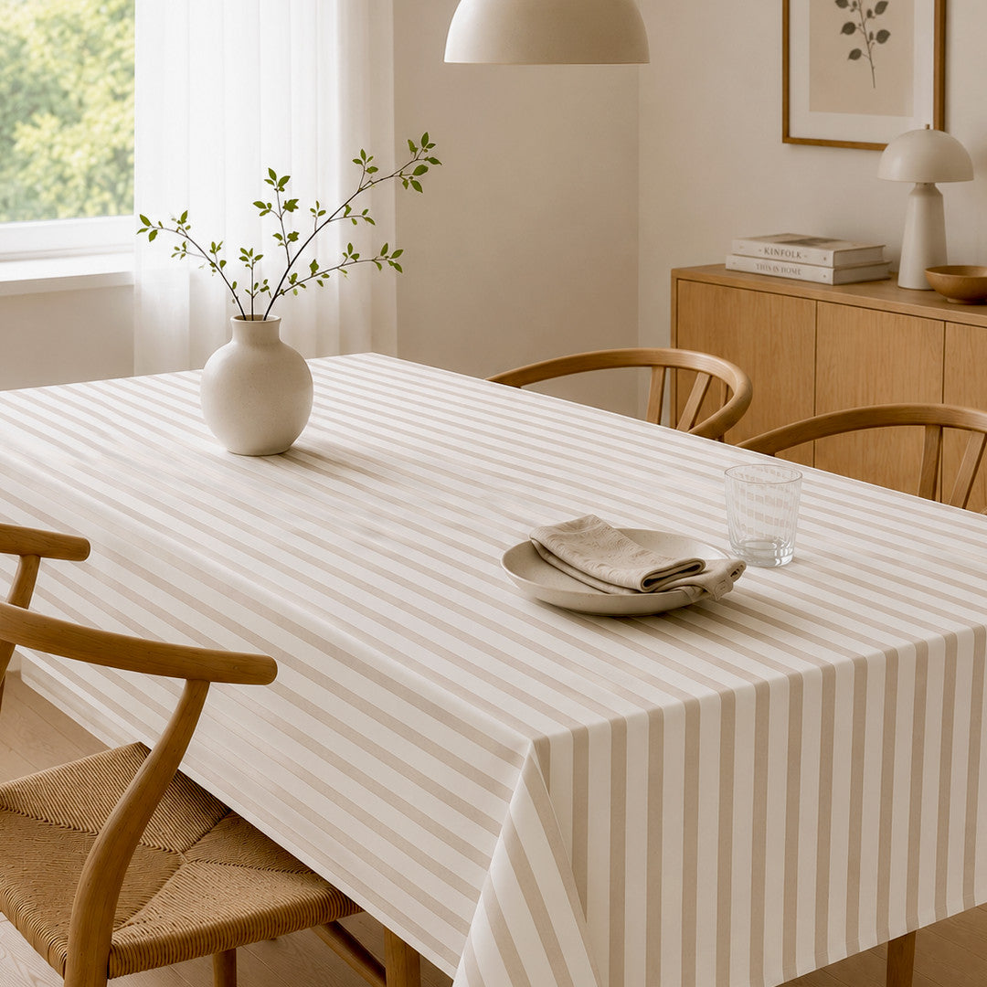 Aria Beige/offwhite - Randig vaxduk i linne-look
