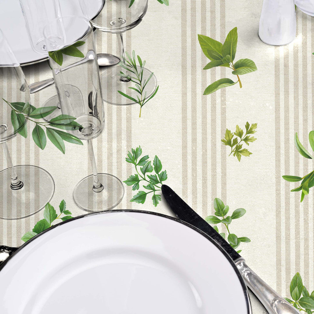Aromates – Vaxduk med slät linnelook och örtmotiv, närbild